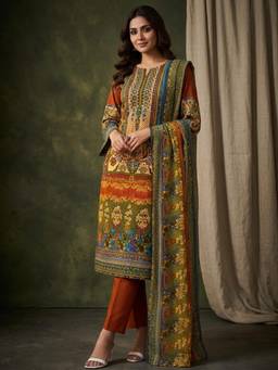 Gahan - Women Ethnic Floral Mirror Printed Pakistani Rust Kurta with Pant & Dupatta