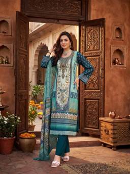 Gahan - Women Ethnic Floral Mirror Printed Pakistani Blue Kurta with Pant & Dupatta