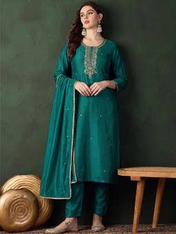 Gahan - Beadwork Yoke Teal Kurta with Pant & Dupatta