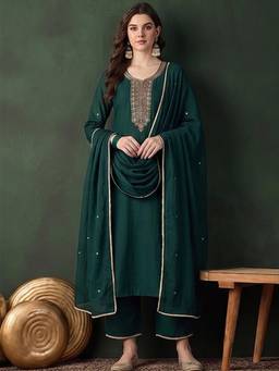 Gahan - Vichitra Bead Embellished Round Neck Green Kurta with Pant & Dupatta