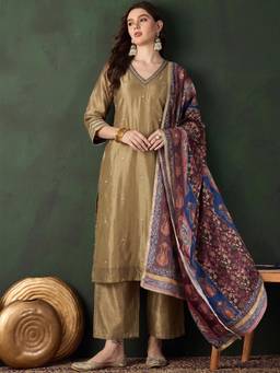 Gahan - Women Radiate Festive Charm In This Gold Shimmer Kurta with Pant & Dupatta
