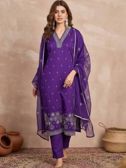 Gahan - Purple Embroidered Kurta with Pant & Dupatta