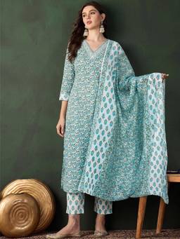 Gahan - Botanical Breeze V Neck Cotton Multi-Color Kurta with Pant & Dupatta