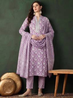 Gahan - Pastel Pure Cotton Lavender Kurta with Pant & Dupatta