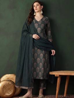 Gahan - Women Ethnic Motifs Printed Regular Grey Kurta with Pant & Dupatta