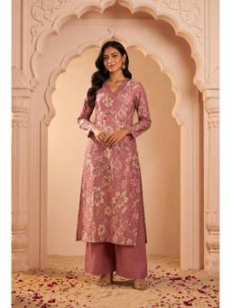 Gahan - Women Floral Printed Cotton V Neck Pink Kurta with Palazzo