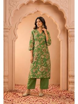Gahan - Women Floral Printed Cotton V Neck Green Kurta with Palazzo
