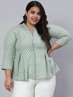 Jaipur Kurti - Casual Printed Women Light Green & White Top