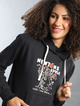 Campus Sutra - Black Women Printed Stylish Casual Hooded Sweatshirts