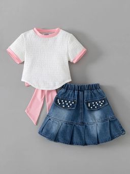 Hopscotch - Textured Top and Denim Skirt