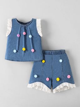 Hopscotch - Pom-pom Denim Shorts Set