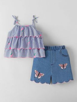 Hopscotch - Striped Blouse and Butterfly Embroidered Denim Shorts