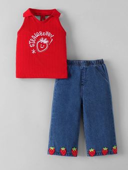 Hopscotch - Strawberry Applique Denim Jeans Set