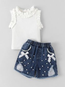 Hopscotch - Textured Top and Denim Shorts