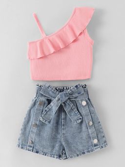 Hopscotch - Textured Blouse and Denim Skirt