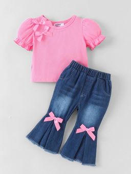 Hopscotch - Bow Applique Puff Sleeves Jeans Set