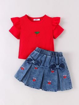 Hopscotch - Cherry Embroidery Bow Skirt Set