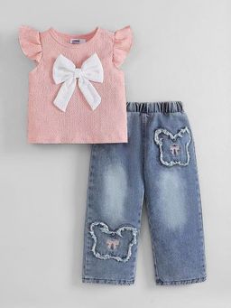 Hopscotch - Textured Bow Top and Frayed Hem Denim Jeans