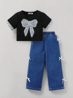 Hopscotch - Beaded Bow Applique Top and Denim Jeans