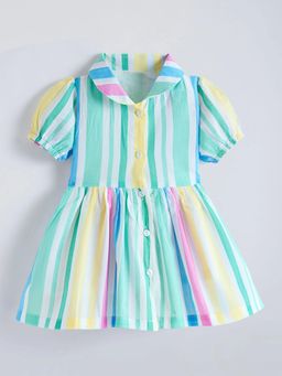 Hopscotch - Striped Puff Sleeves Cotton Dress