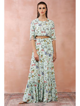 Payal Singhal - Blue Nargis Print Embroidered Balloon Top with Frill Skirt (Set of 2)