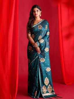 Beatitude - Teal Banarasi Saree with Copper Zari Work Unstitched Blouse