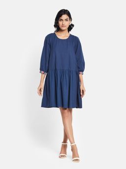 Fabindia - Navy Blue Cotton Linen Knee Length Dress