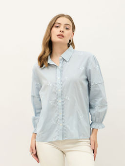 Styli - Women Blue Embroidered Top