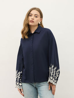 Styli - Women Navy Blue Embroidered Top