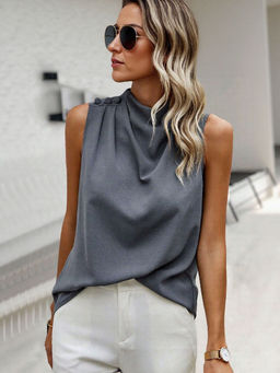 Outzidr - Grey High Neck Cowl Street Style Top
