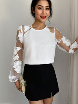 Outzidr - White Flroal Applique Party Blouse