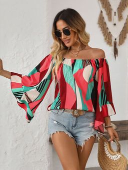 Outzidr - Red Off-Shoulder Flowy Vacay Top
