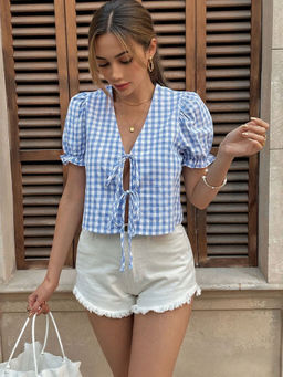 Outzidr - Blue Checks Bow Tie Up Vacay Top