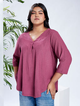 Globus - Gloplus Women Maroon V-Neck Self Design Curved Hem Plus Size Workwear Top