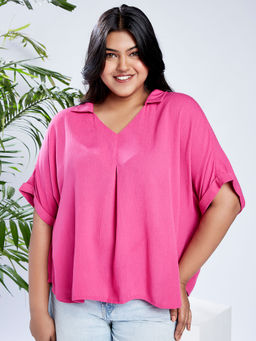 Globus - Gloplus Women Pink Collared V-Neck Extended Sleeves Self Design Plus Size Top