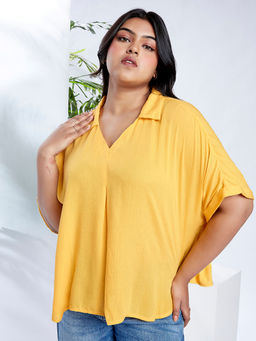 Globus - Gloplus Women Yellow Collared V-Neck Extended Sleeves Self Design Plus Size Top