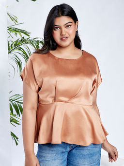 Globus - Gloplus Women Peach Round Neck Extended Sleeves Satin Peplum Plus Size Workwear Top