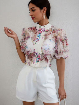 Outzidr - White Printed Sheer Vacay Shirt