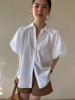 Outzidr - White Bubble Hem Sleeve Vacay Shirt
