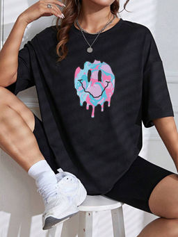 Outzidr - Black Smiley Graphic Printed Street Wear T-Shirt