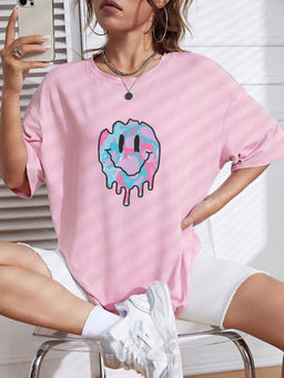 Outzidr - Pink Smiley Graphic Printed Street Wear T-Shirt