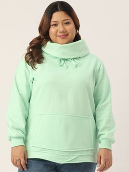 theRebelinme - Plus Size Womens Sea Green Solid Color Hooded Winter Sweatshirt