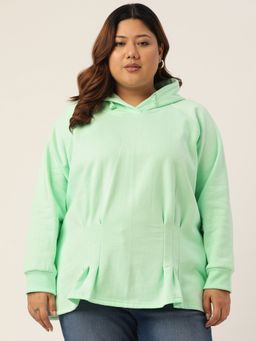theRebelinme - Plus Size Womens Sea Green Solid Color Pleated Hooded Sweatshirt