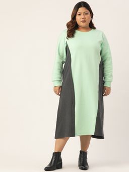 theRebelinme - Plus Size Womens Sea Green & Charcoal Color Block Winter Dress