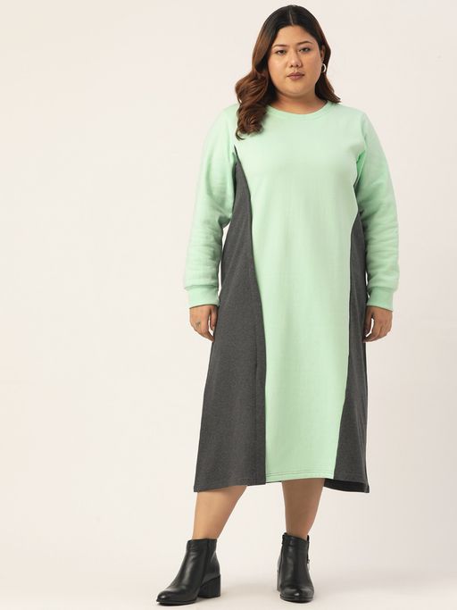 Buy theRebelinme Plus Size Womens Sea Green & Charcoal Color Block Winter  Dress Online
