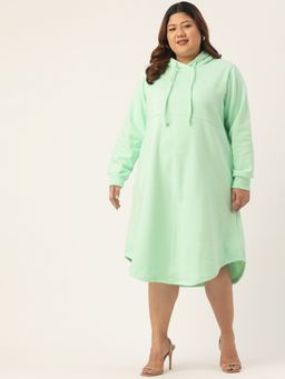 theRebelinme - Plus Size Womens Sea Green Solid Color Pleated Hooded Winter Dress