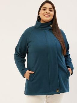 theRebelinme - Plus Size Womens Teal Solid Color Longline Tailored Winter Jacket