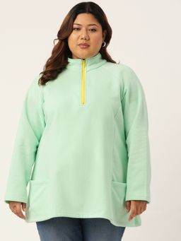 theRebelinme - Plus Size Womens Sea Green Solid Color Shirt Collar Sweatshirt