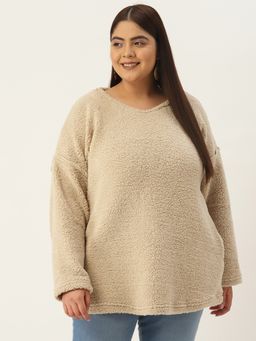 theRebelinme - Plus Size Womens Beige Solid Color Fur Winter Sweatshirt