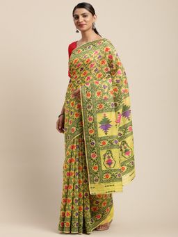 Vastranand - Yellow & Green Woven Design Jamdani Saree with Unstitched Blouse
